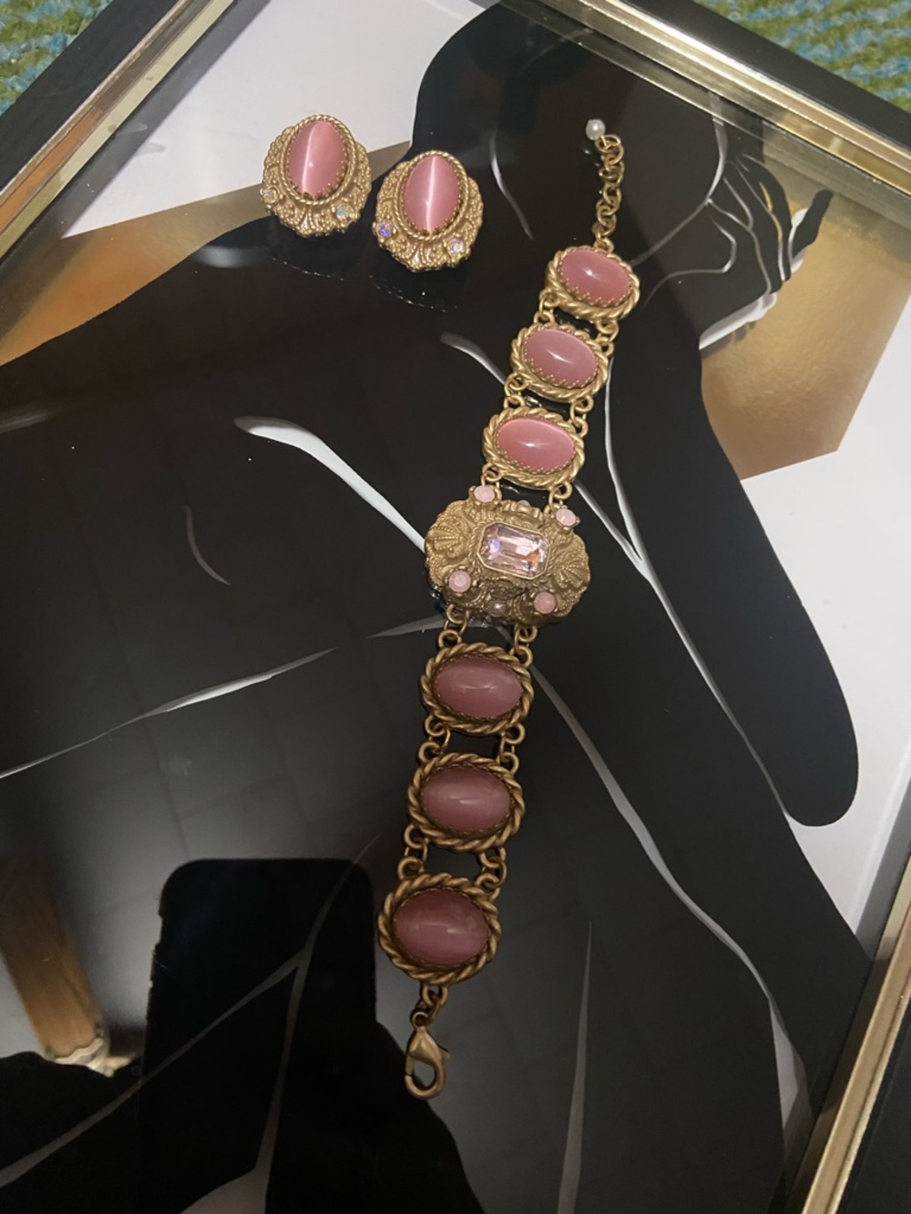 Antique gold Estate West Germany Pink Cabochon Bracelet and Earring set